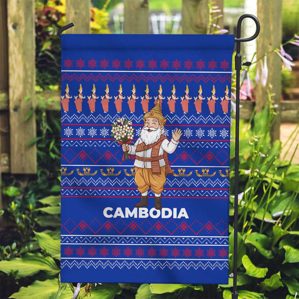 Cambodia Christmas Garden Flag with Santa in Traditional Outfit Elephant Dancers and Snowflake Pattern - Wonder Print Shop