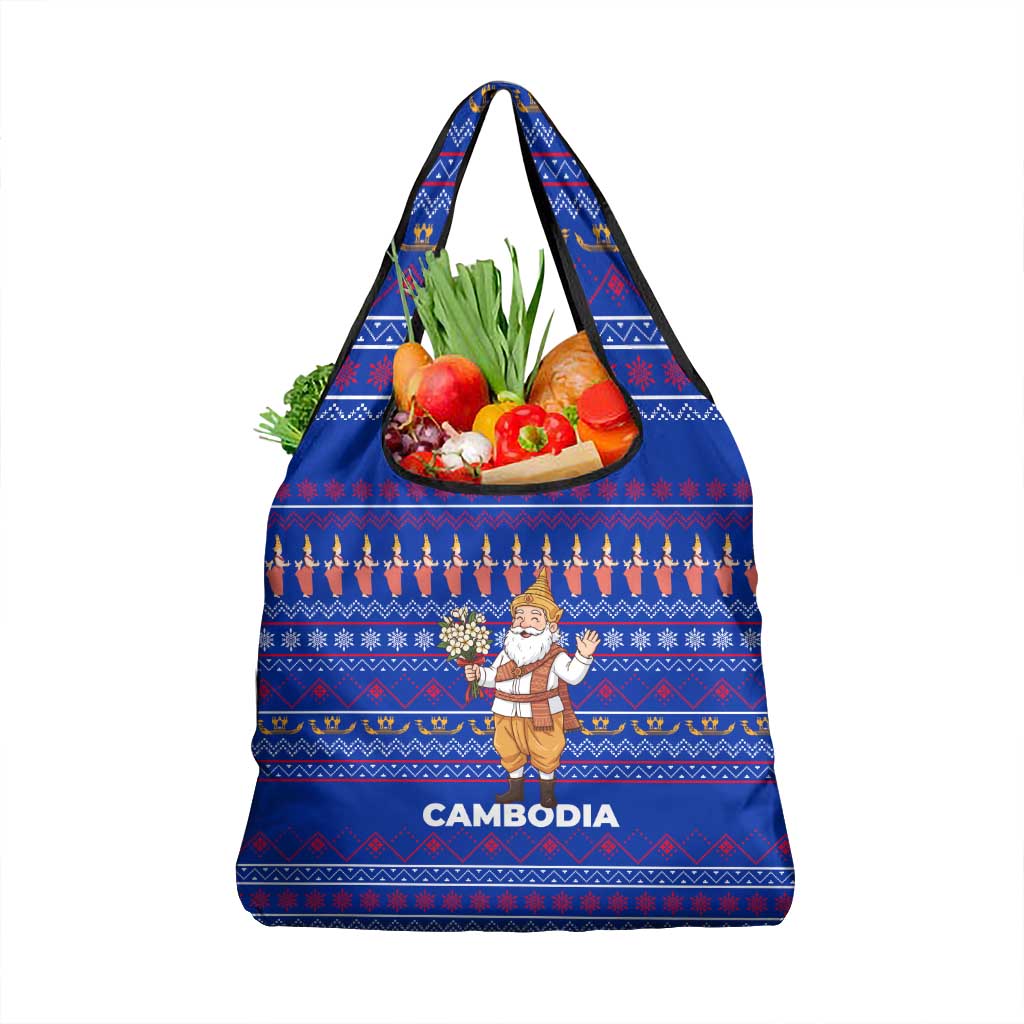 Cambodia Christmas Grocery Bag with Santa in Traditional Outfit Elephant Dancers and Snowflake Pattern - Wonder Print Shop