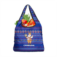 Cambodia Christmas Grocery Bag with Santa in Traditional Outfit Elephant Dancers and Snowflake Pattern - Wonder Print Shop