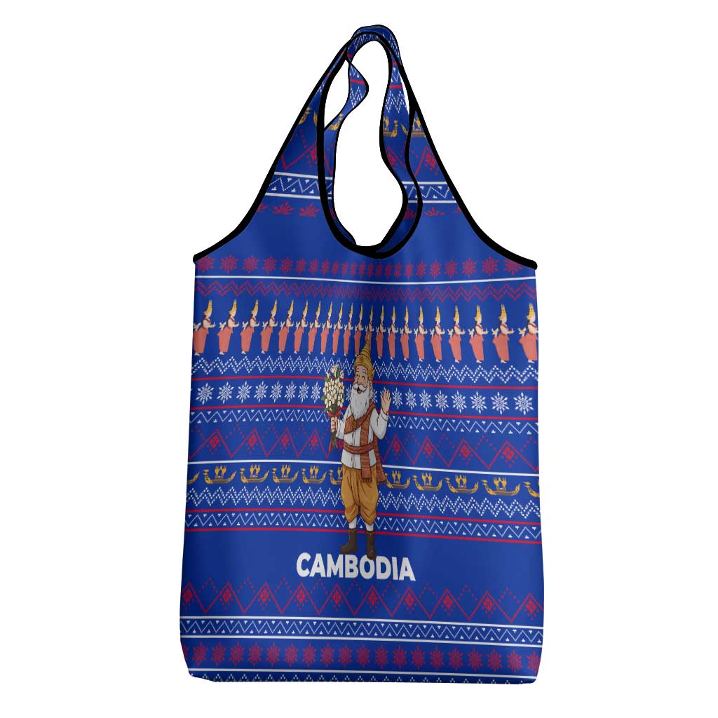 Cambodia Christmas Grocery Bag with Santa in Traditional Outfit Elephant Dancers and Snowflake Pattern - Wonder Print Shop