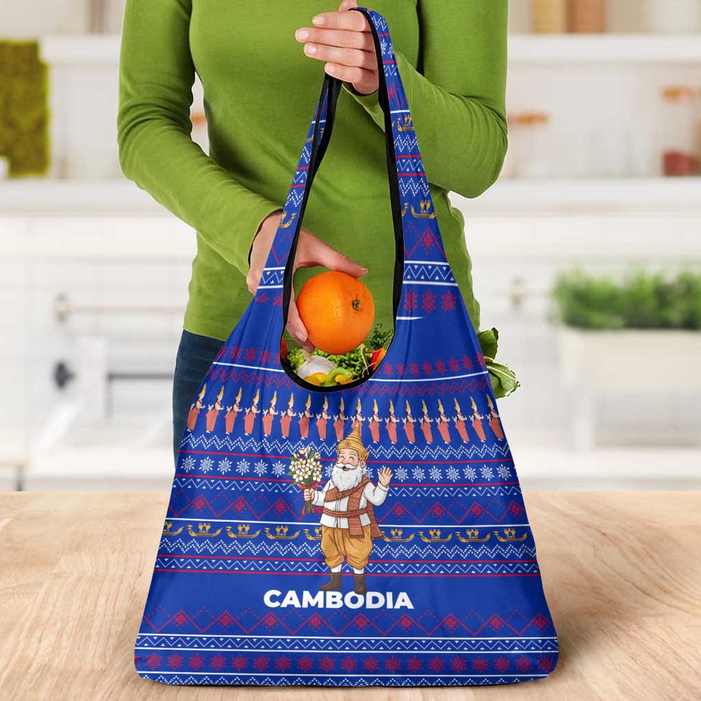 Cambodia Christmas Grocery Bag with Santa in Traditional Outfit Elephant Dancers and Snowflake Pattern - Wonder Print Shop
