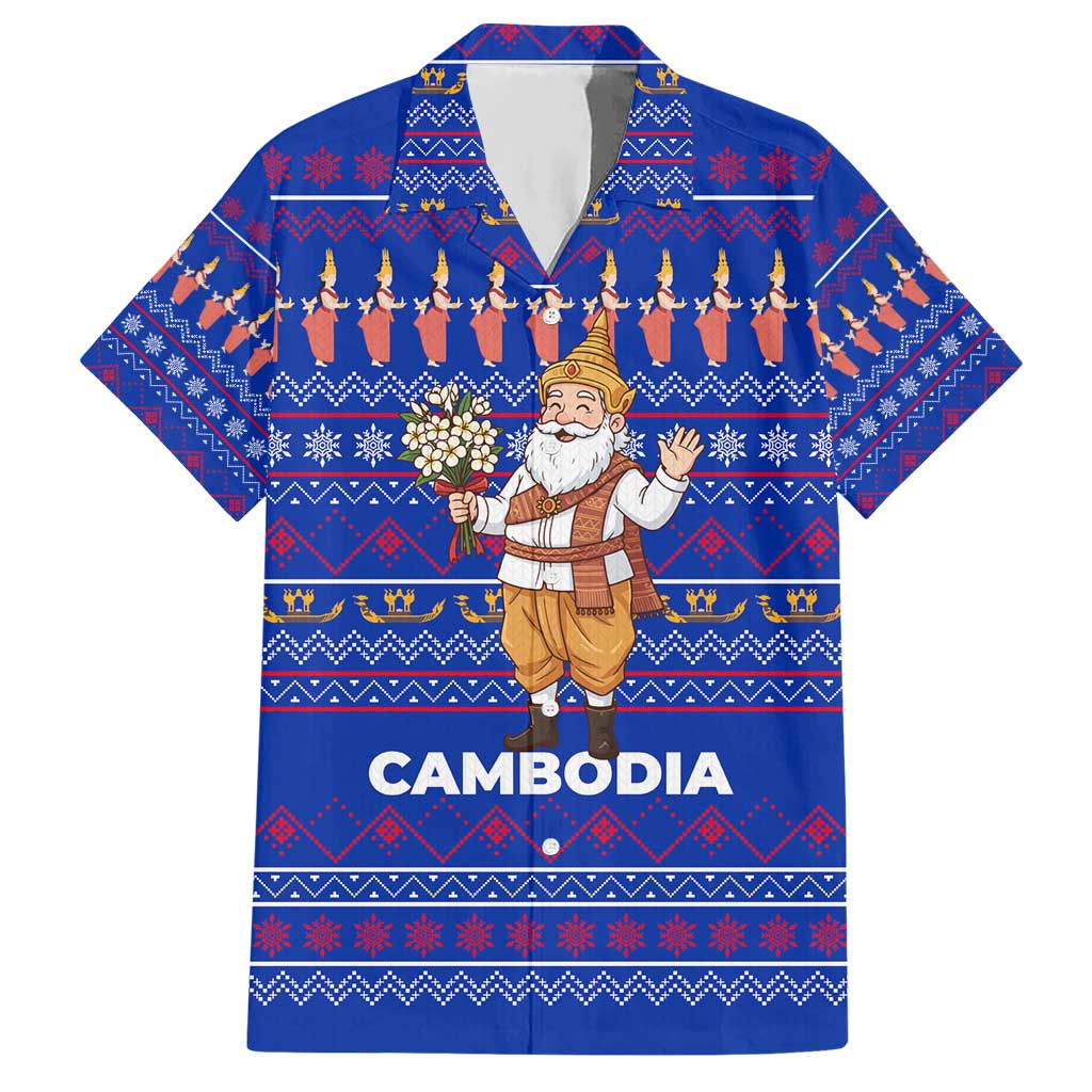 Cambodia Christmas Hawaiian Shirt with Santa in Traditional Outfit Elephant Dancers and Snowflake Pattern - Wonder Print Shop