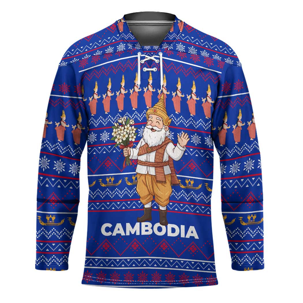 Cambodia Christmas Hockey Jersey with Santa in Traditional Outfit Elephant Dancers and Snowflake Pattern - Wonder Print Shop
