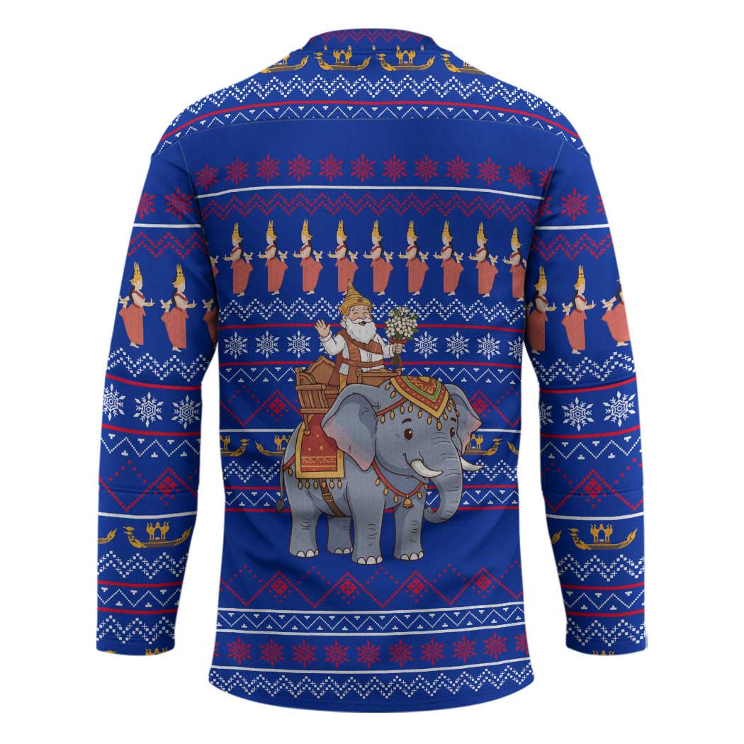Cambodia Christmas Hockey Jersey with Santa in Traditional Outfit Elephant Dancers and Snowflake Pattern - Wonder Print Shop