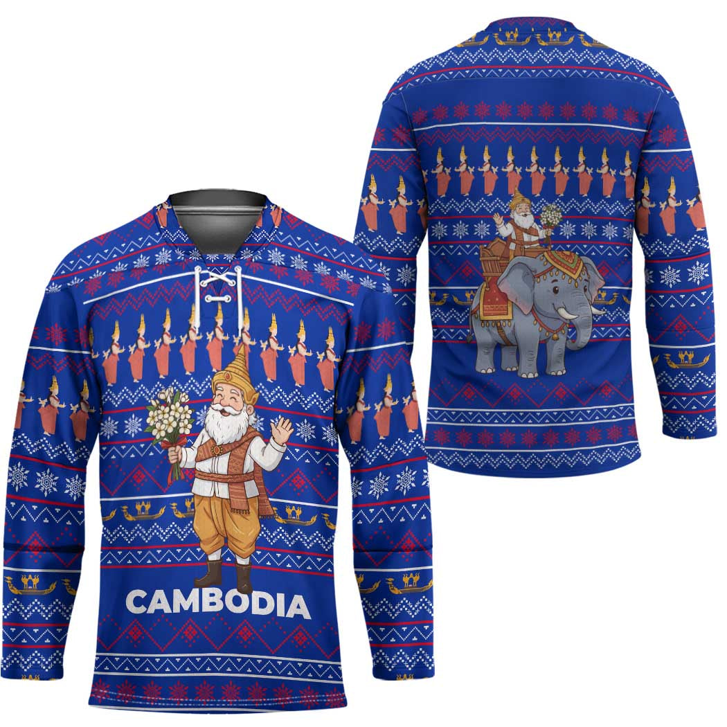 Cambodia Christmas Hockey Jersey with Santa in Traditional Outfit Elephant Dancers and Snowflake Pattern - Wonder Print Shop