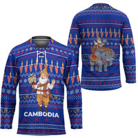 Cambodia Christmas Hockey Jersey with Santa in Traditional Outfit Elephant Dancers and Snowflake Pattern - Wonder Print Shop