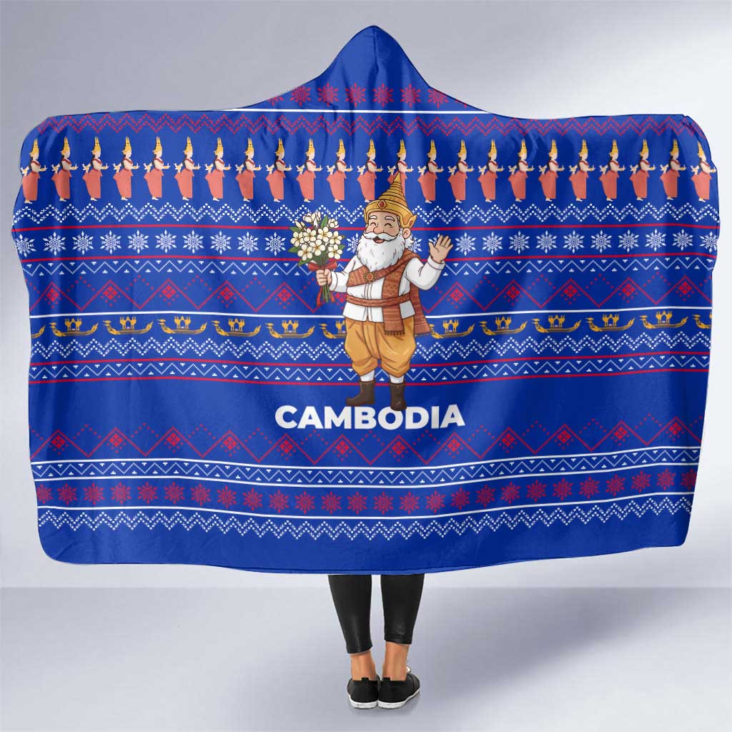 Cambodia Christmas Hooded Blanket with Santa in Traditional Outfit Elephant Dancers and Snowflake Pattern - Wonder Print Shop