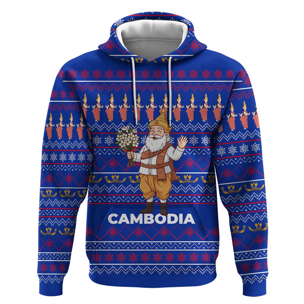 Cambodia Christmas Hoodie with Santa in Traditional Outfit Elephant Dancers and Snowflake Pattern - Wonder Print Shop