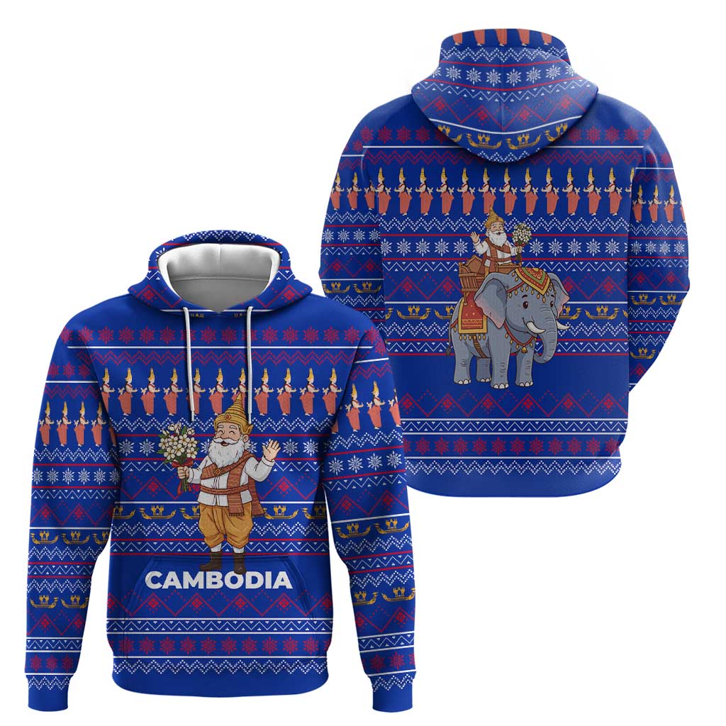 Cambodia Christmas Hoodie with Santa in Traditional Outfit Elephant Dancers and Snowflake Pattern - Wonder Print Shop