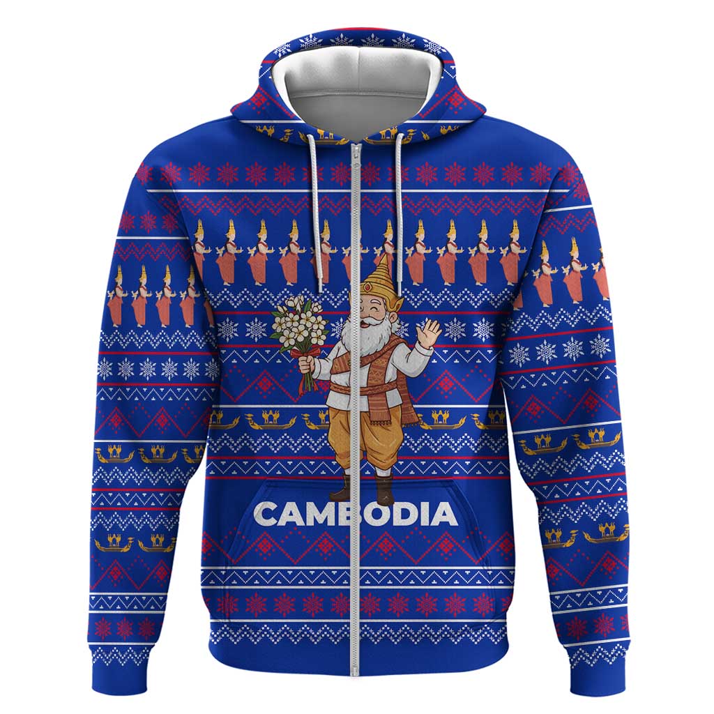 Cambodia Christmas Hoodie with Santa in Traditional Outfit Elephant Dancers and Snowflake Pattern - Wonder Print Shop