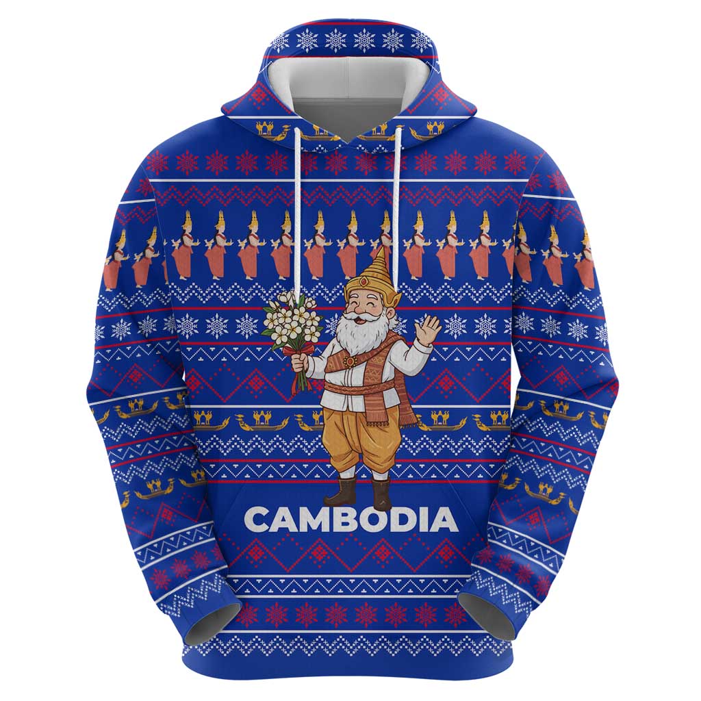 Cambodia Christmas Hoodie with Santa in Traditional Outfit Elephant Dancers and Snowflake Pattern - Wonder Print Shop