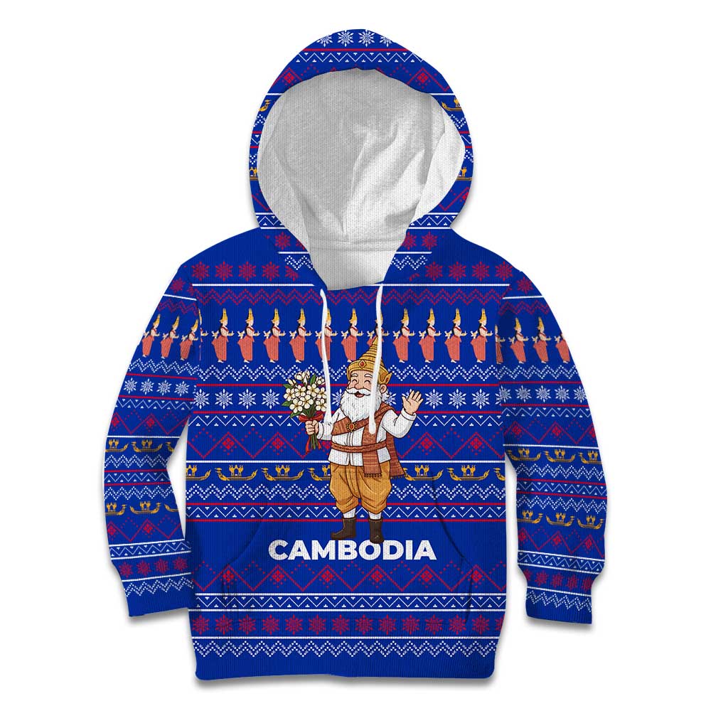 Cambodia Christmas Kid Hoodie with Santa in Traditional Outfit Elephant Dancers and Snowflake Pattern - Wonder Print Shop