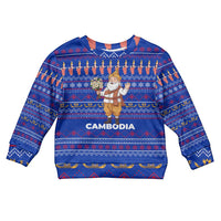 Cambodia Christmas Kid Ugly Christmas Sweater with Santa in Traditional Outfit Elephant Dancers and Snowflake Pattern - Wonder Print Shop