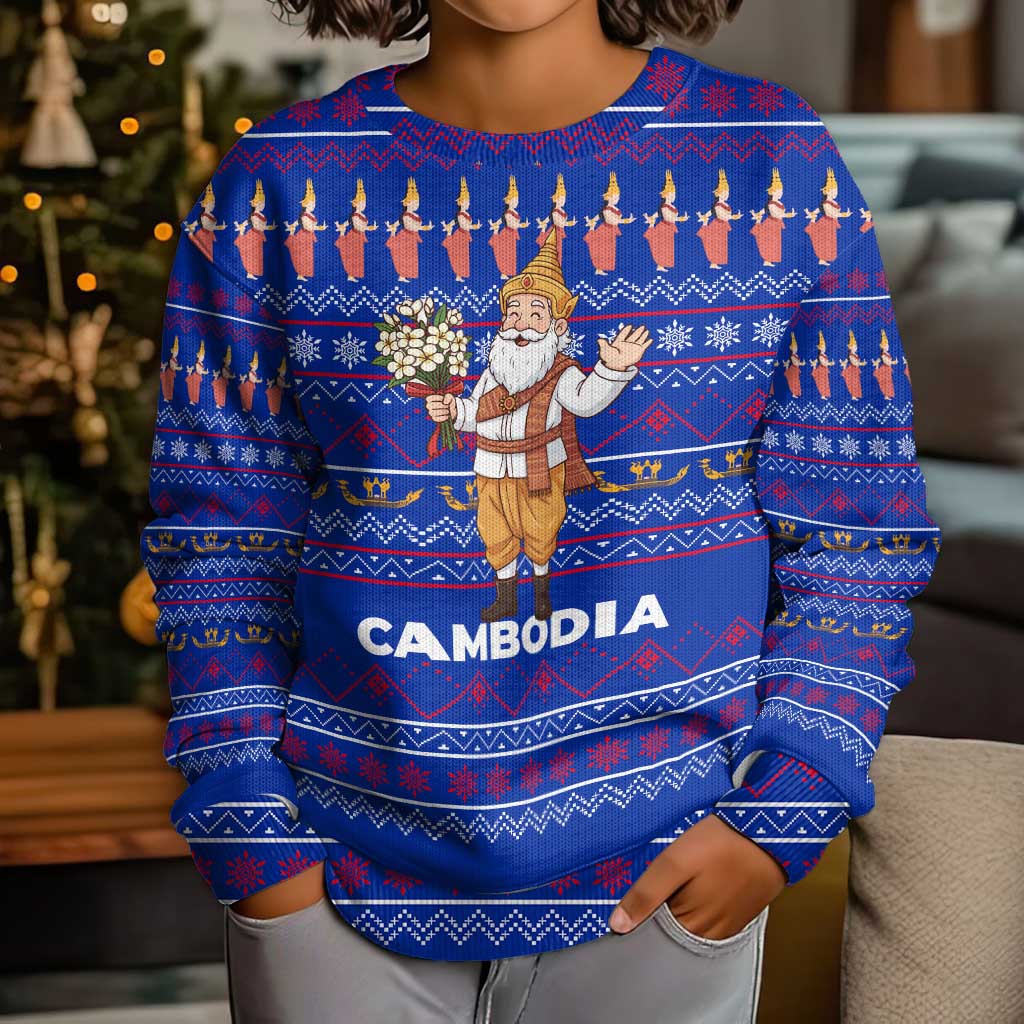 Cambodia Christmas Kid Ugly Christmas Sweater with Santa in Traditional Outfit Elephant Dancers and Snowflake Pattern - Wonder Print Shop