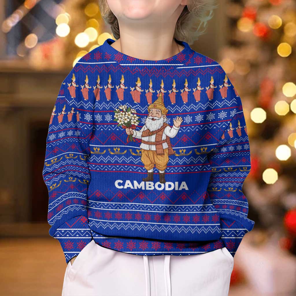 Cambodia Christmas Kid Ugly Christmas Sweater with Santa in Traditional Outfit Elephant Dancers and Snowflake Pattern - Wonder Print Shop
