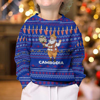 Cambodia Christmas Kid Ugly Christmas Sweater with Santa in Traditional Outfit Elephant Dancers and Snowflake Pattern - Wonder Print Shop