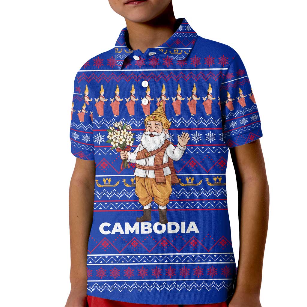 Cambodia Christmas Kid Polo Shirt with Santa in Traditional Outfit Elephant Dancers and Snowflake Pattern - Wonder Print Shop