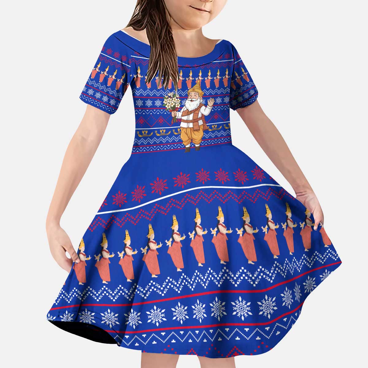 Cambodia Christmas Kid Short Sleeve Dress with Santa in Traditional Outfit Elephant Dancers and Snowflake Pattern - Wonder Print Shop