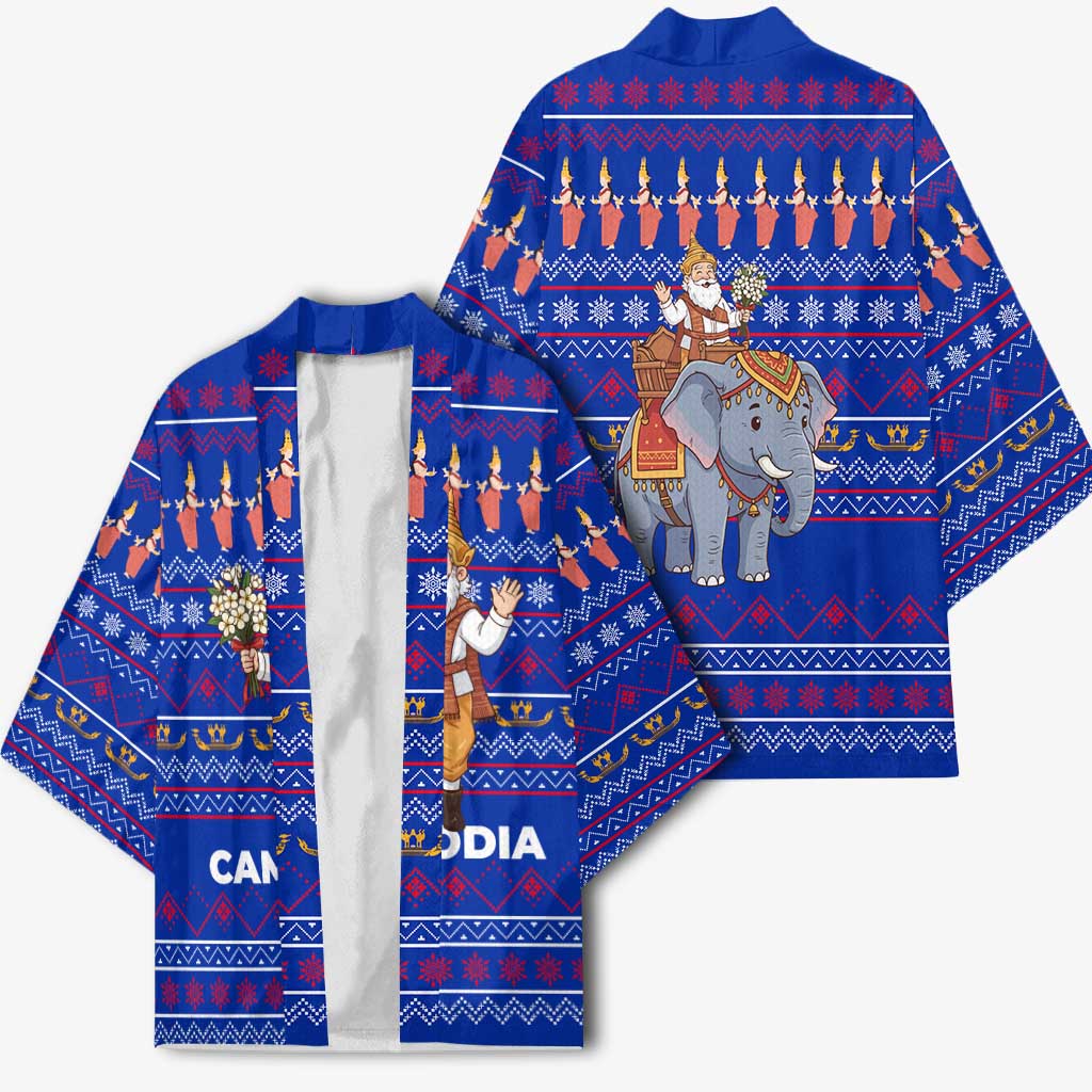 Cambodia Christmas Kimono with Santa in Traditional Outfit Elephant Dancers and Snowflake Pattern - Wonder Print Shop