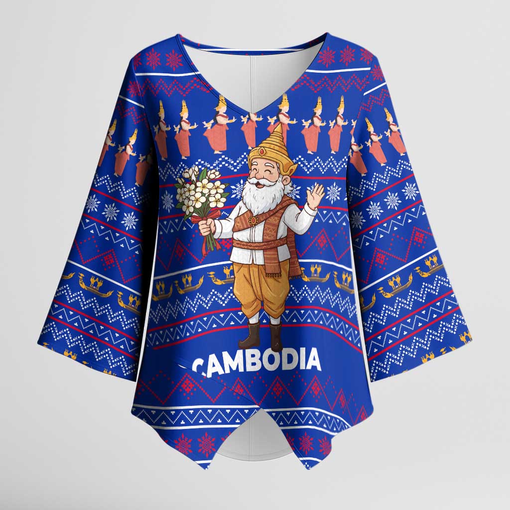Cambodia Christmas Kimono Sleeve Blouse with Santa in Traditional Outfit Elephant Dancers and Snowflake Pattern - Wonder Print Shop