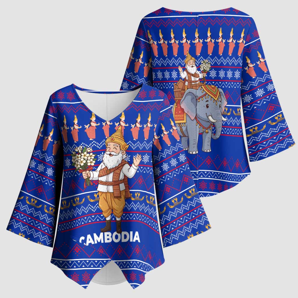 Cambodia Christmas Kimono Sleeve Blouse with Santa in Traditional Outfit Elephant Dancers and Snowflake Pattern - Wonder Print Shop