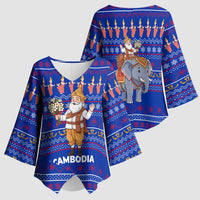Cambodia Christmas Kimono Sleeve Blouse with Santa in Traditional Outfit Elephant Dancers and Snowflake Pattern - Wonder Print Shop
