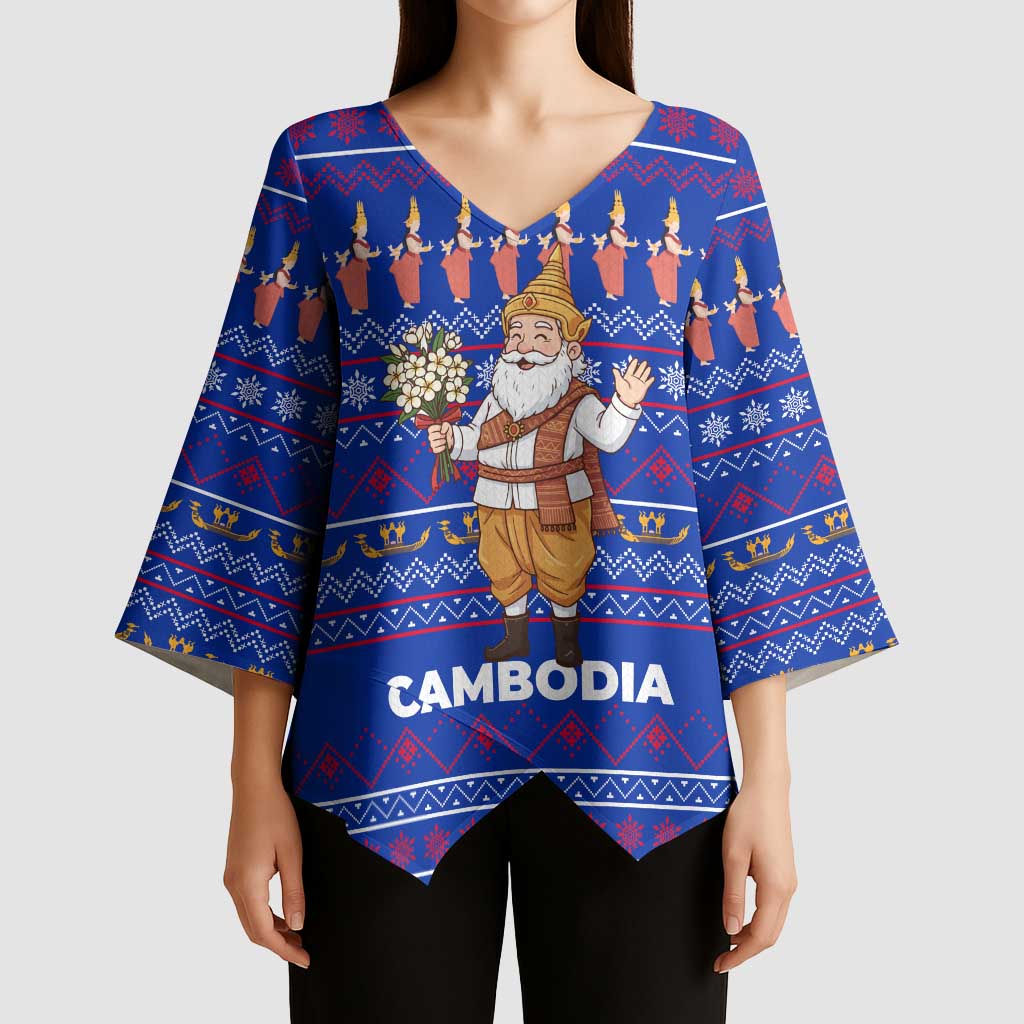 Cambodia Christmas Kimono Sleeve Blouse with Santa in Traditional Outfit Elephant Dancers and Snowflake Pattern - Wonder Print Shop