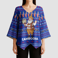 Cambodia Christmas Kimono Sleeve Blouse with Santa in Traditional Outfit Elephant Dancers and Snowflake Pattern - Wonder Print Shop