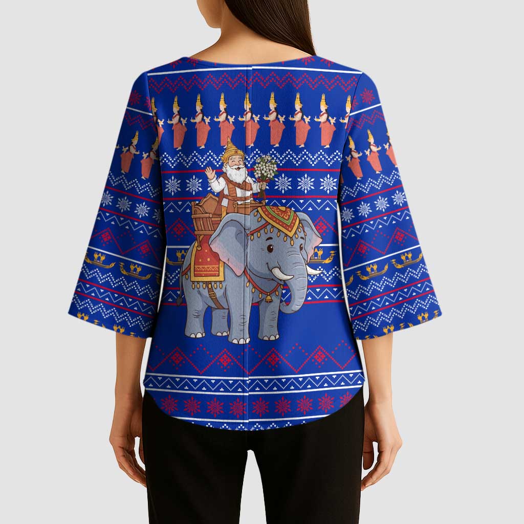 Cambodia Christmas Kimono Sleeve Blouse with Santa in Traditional Outfit Elephant Dancers and Snowflake Pattern - Wonder Print Shop