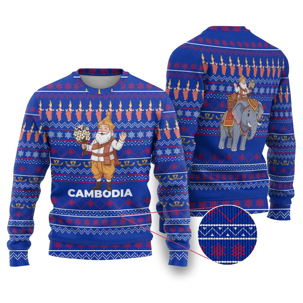 Cambodia Christmas Ugly Christmas Sweater with Santa in Traditional Outfit Elephant Dancers and Snowflake Pattern - Wonder Print Shop