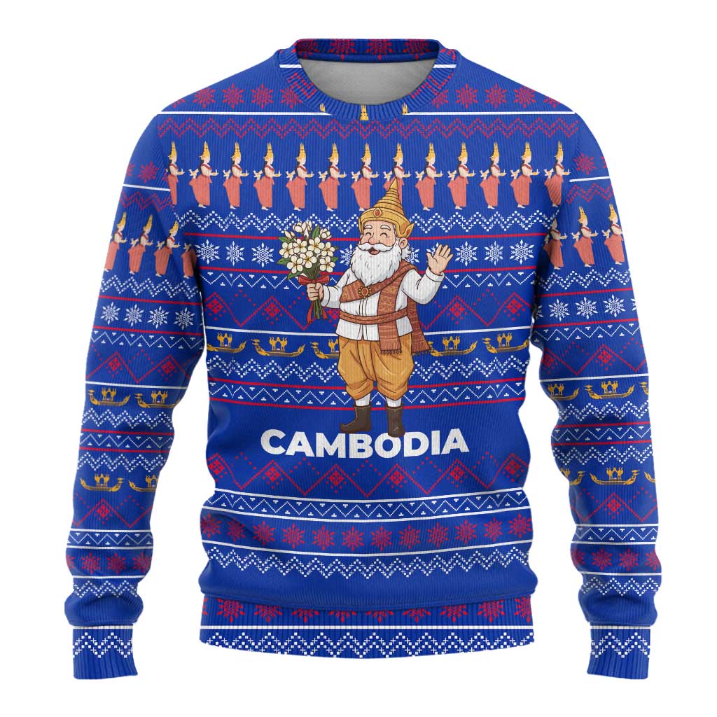 Cambodia Christmas Ugly Christmas Sweater with Santa in Traditional Outfit Elephant Dancers and Snowflake Pattern - Wonder Print Shop