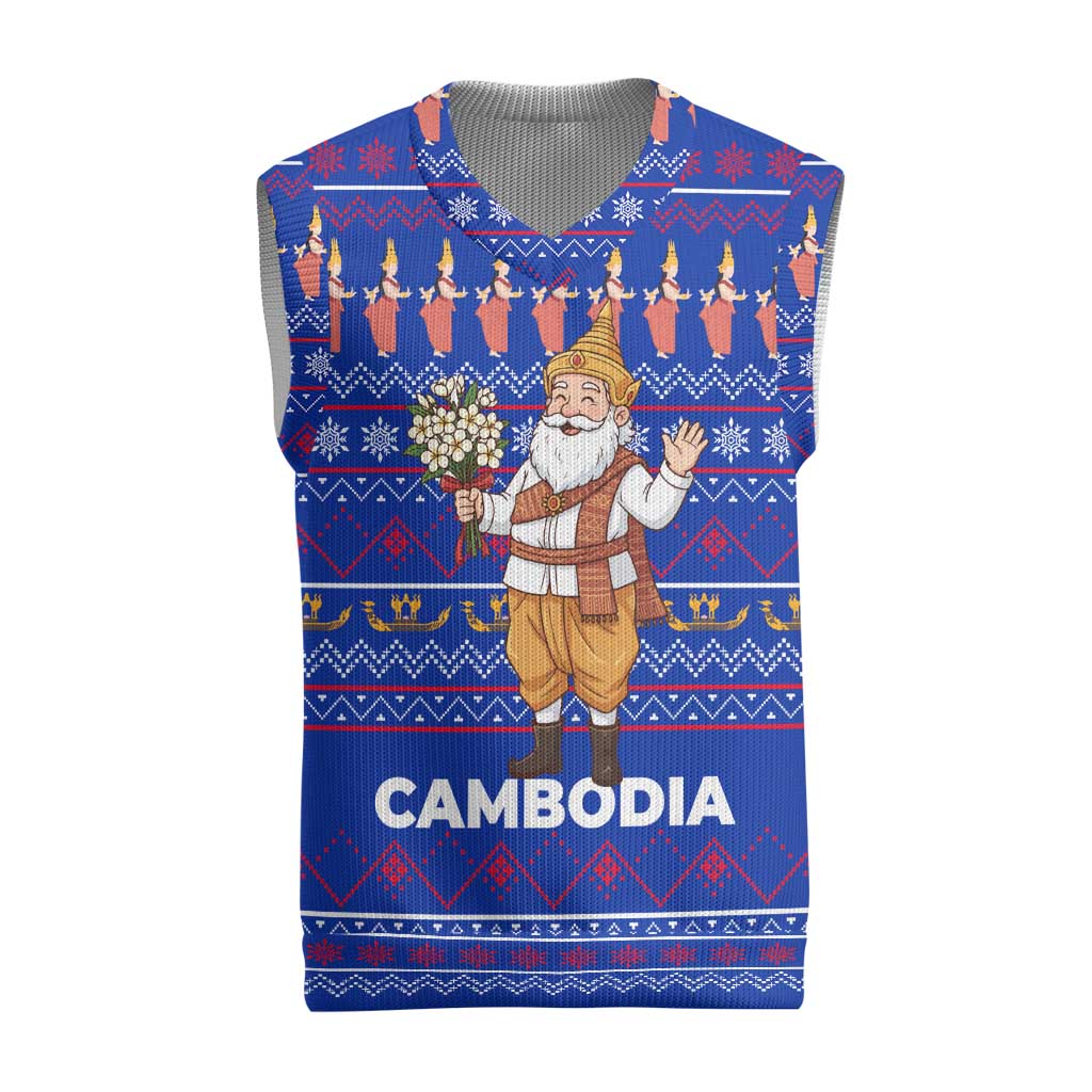 Cambodia Christmas Knitted V-Neck Vest with Santa in Traditional Outfit Elephant Dancers and Snowflake Pattern - Wonder Print Shop