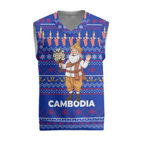 Cambodia Christmas Knitted V-Neck Vest with Santa in Traditional Outfit Elephant Dancers and Snowflake Pattern - Wonder Print Shop