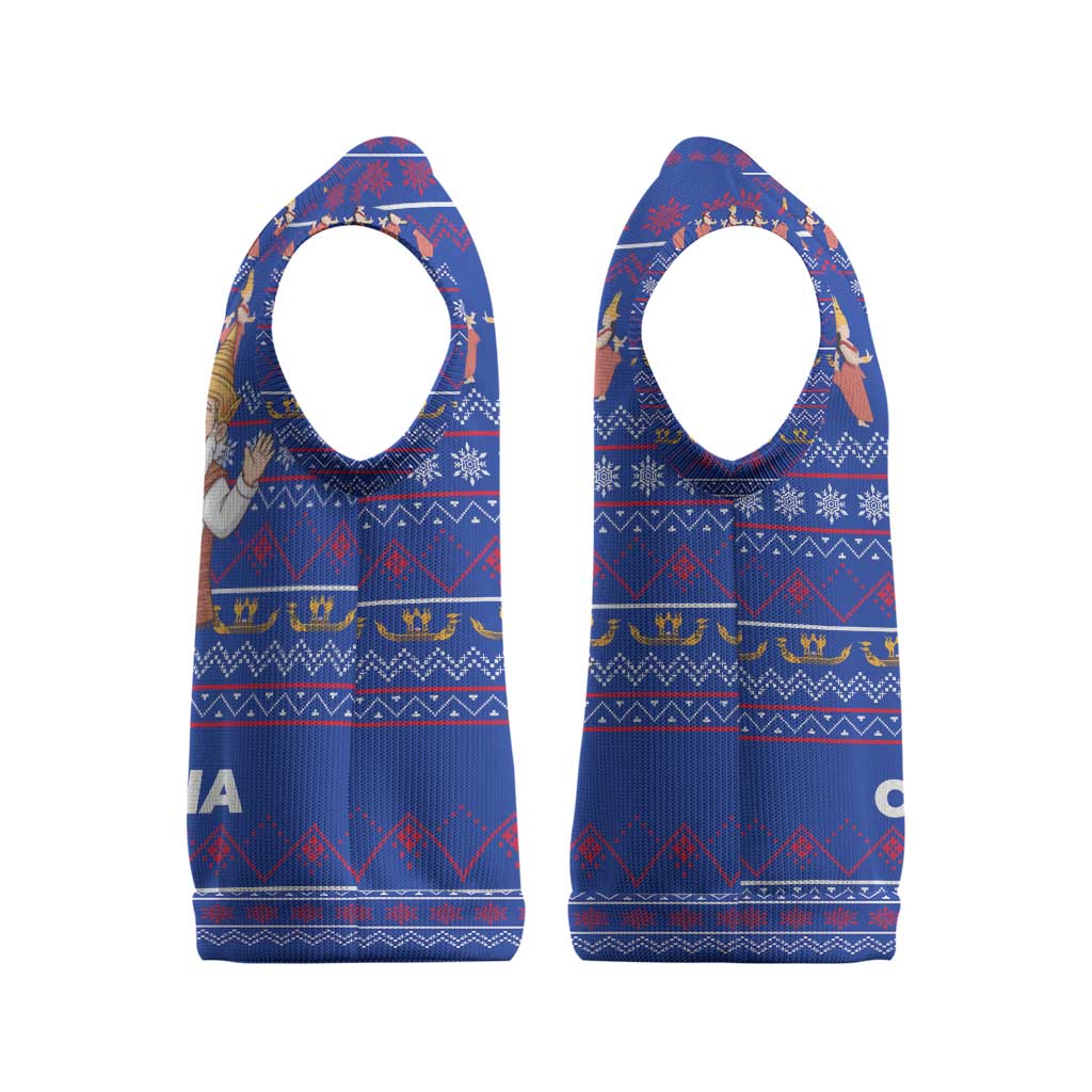 Cambodia Christmas Knitted V-Neck Vest with Santa in Traditional Outfit Elephant Dancers and Snowflake Pattern - Wonder Print Shop