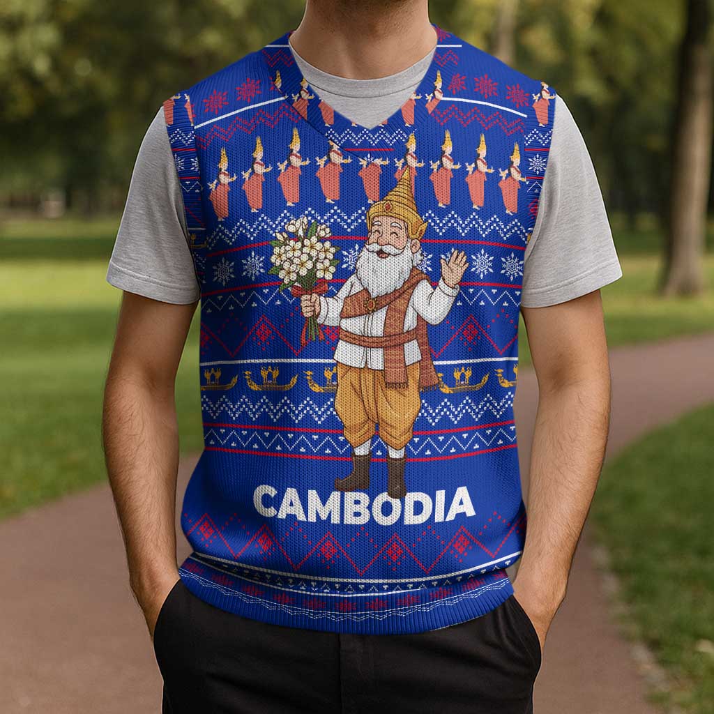 Cambodia Christmas Knitted V-Neck Vest with Santa in Traditional Outfit Elephant Dancers and Snowflake Pattern - Wonder Print Shop