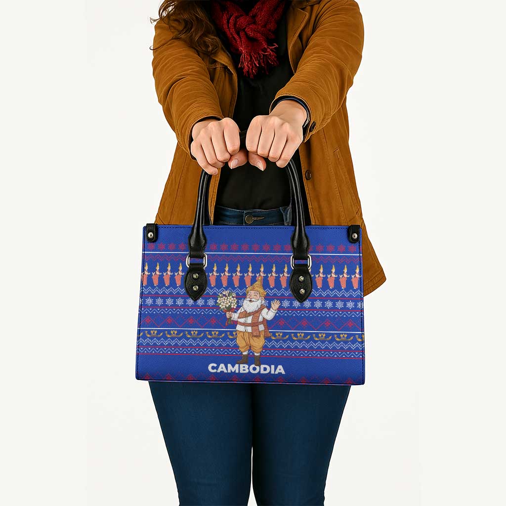 Cambodia Christmas Leather Bag with Santa in Traditional Outfit Elephant Dancers and Snowflake Pattern - Wonder Print Shop