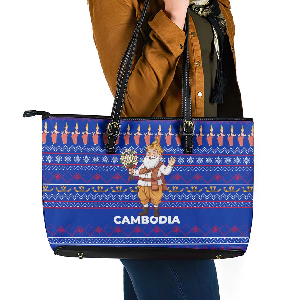 Cambodia Christmas Leather Tote Bag with Santa in Traditional Outfit Elephant Dancers and Snowflake Pattern - Wonder Print Shop