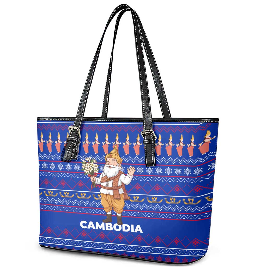Cambodia Christmas Leather Tote Bag with Santa in Traditional Outfit Elephant Dancers and Snowflake Pattern - Wonder Print Shop