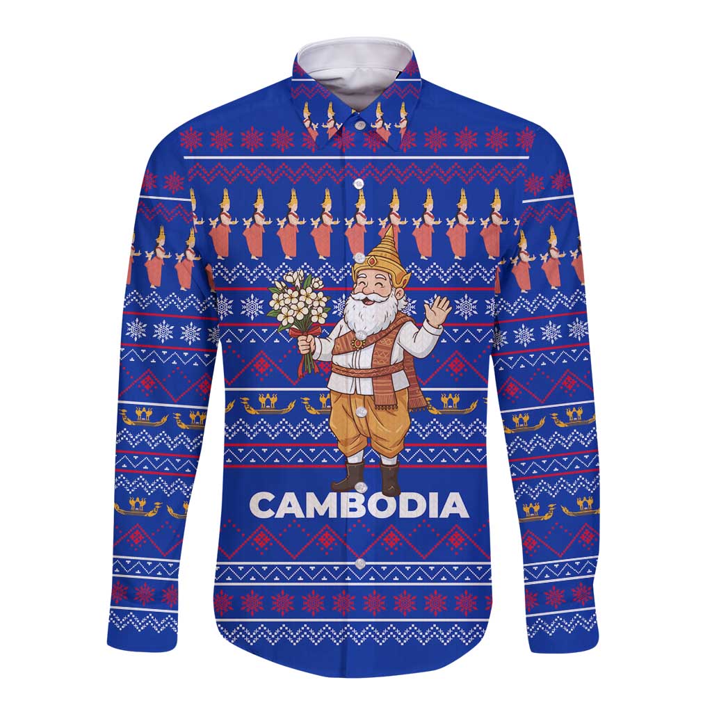 Cambodia Christmas Long Sleeve Button Shirt with Santa in Traditional Outfit Elephant Dancers and Snowflake Pattern - Wonder Print Shop