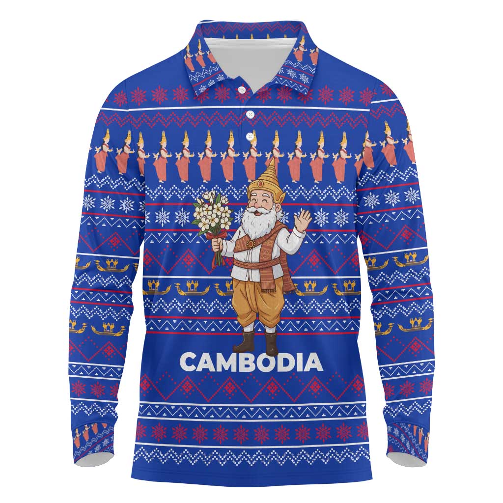 Cambodia Christmas Long Sleeve Polo Shirt with Santa in Traditional Outfit Elephant Dancers and Snowflake Pattern - Wonder Print Shop