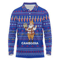 Cambodia Christmas Long Sleeve Polo Shirt with Santa in Traditional Outfit Elephant Dancers and Snowflake Pattern - Wonder Print Shop
