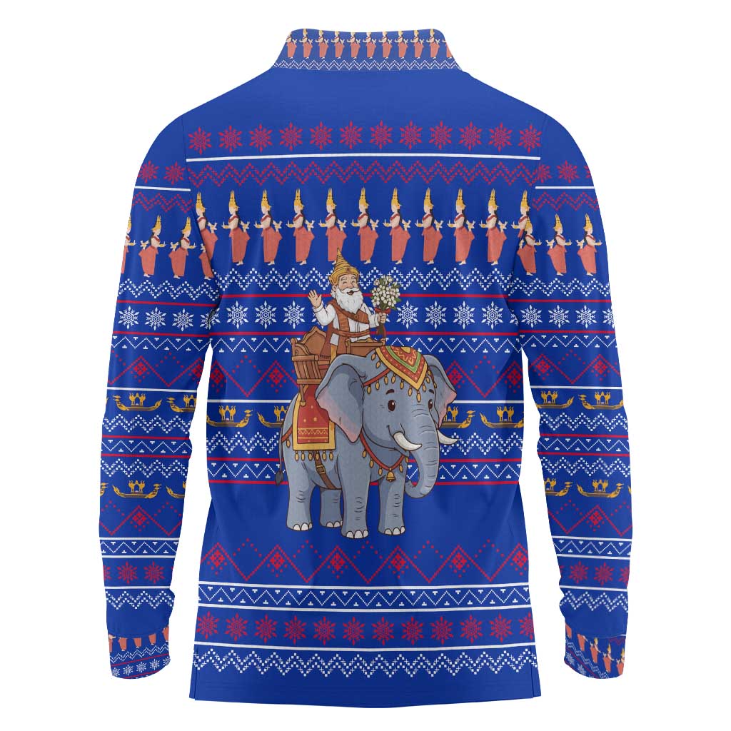 Cambodia Christmas Long Sleeve Polo Shirt with Santa in Traditional Outfit Elephant Dancers and Snowflake Pattern - Wonder Print Shop