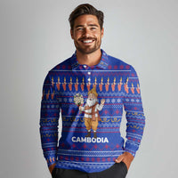Cambodia Christmas Long Sleeve Polo Shirt with Santa in Traditional Outfit Elephant Dancers and Snowflake Pattern - Wonder Print Shop