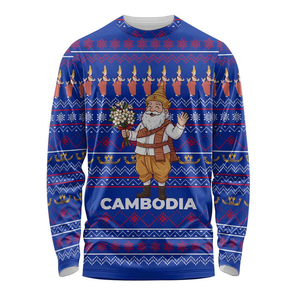 Cambodia Christmas Long Sleeve Shirt with Santa in Traditional Outfit Elephant Dancers and Snowflake Pattern - Wonder Print Shop