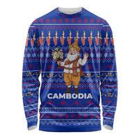 Cambodia Christmas Long Sleeve Shirt with Santa in Traditional Outfit Elephant Dancers and Snowflake Pattern - Wonder Print Shop