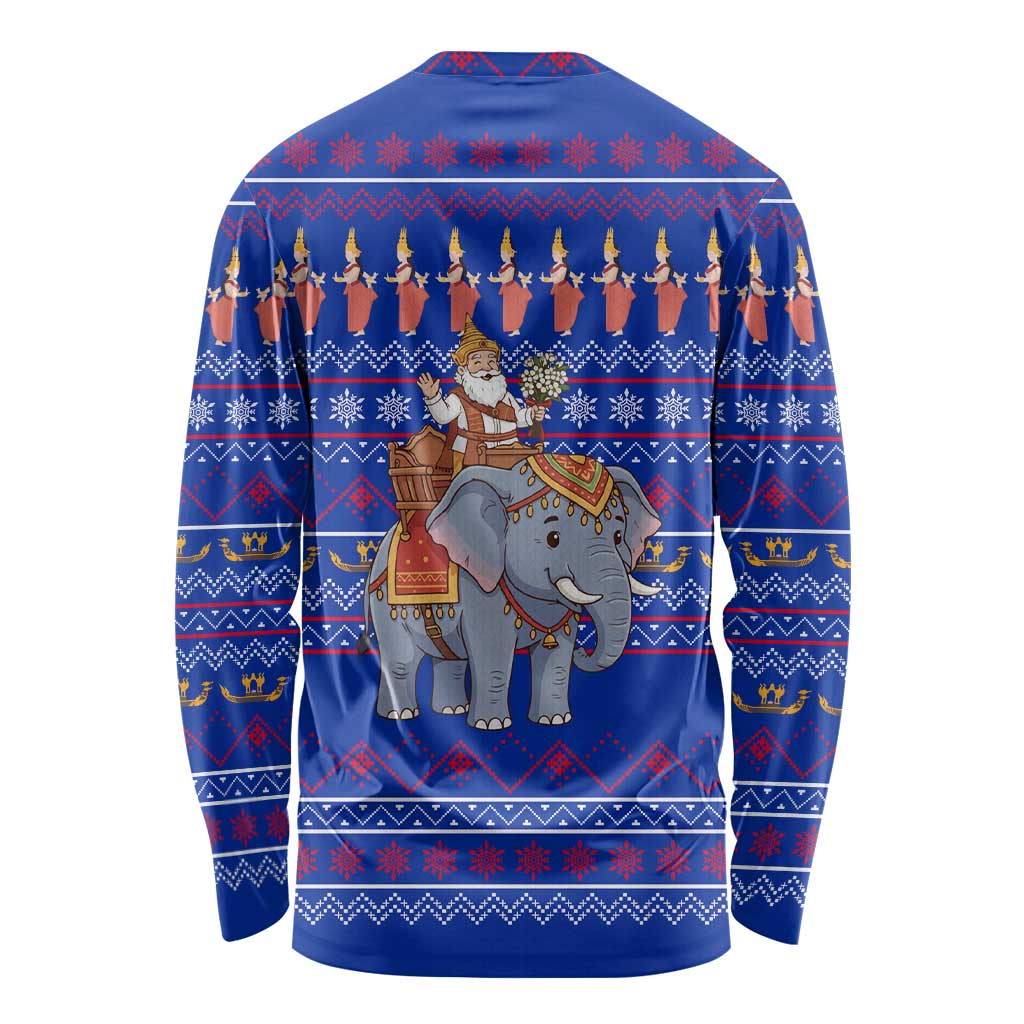 Cambodia Christmas Long Sleeve Shirt with Santa in Traditional Outfit Elephant Dancers and Snowflake Pattern - Wonder Print Shop