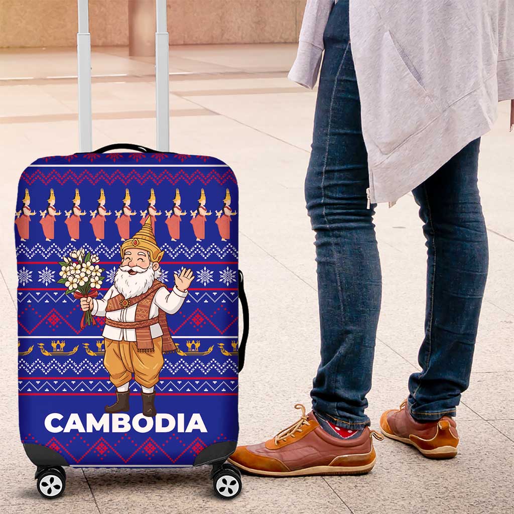 Cambodia Christmas Luggage Cover with Santa in Traditional Outfit Elephant Dancers and Snowflake Pattern - Wonder Print Shop