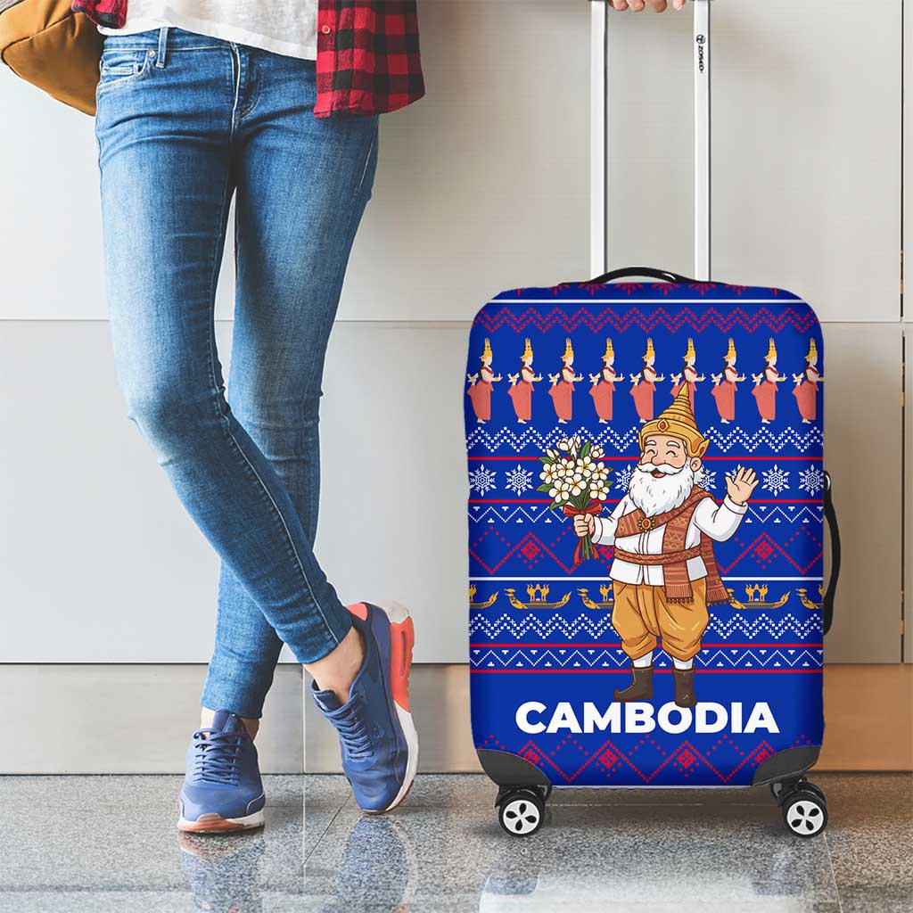 Cambodia Christmas Luggage Cover with Santa in Traditional Outfit Elephant Dancers and Snowflake Pattern - Wonder Print Shop