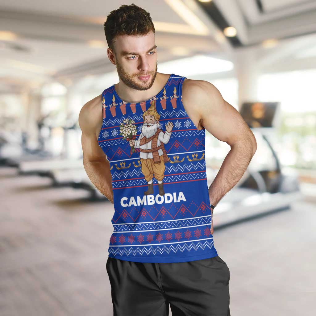 Cambodia Christmas Men Tank Top with Santa in Traditional Outfit Elephant Dancers and Snowflake Pattern - Wonder Print Shop