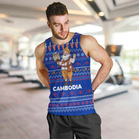 Cambodia Christmas Men Tank Top with Santa in Traditional Outfit Elephant Dancers and Snowflake Pattern - Wonder Print Shop